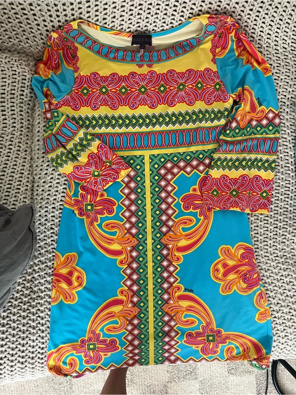 Hale Bob Psychedelic Boho Dress Medium Bright Geometric Print 3/4 Sleeve